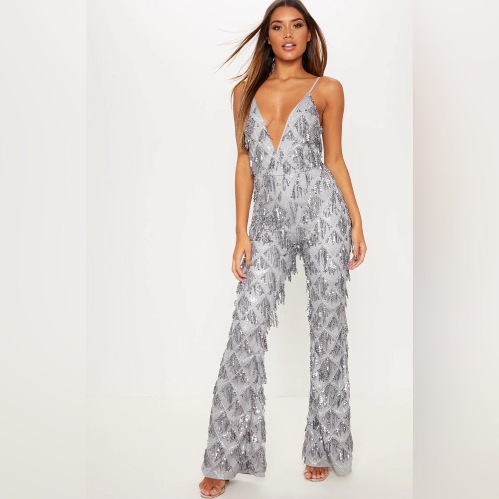 Brand New Silver Sequin Tassel Jumpsuit